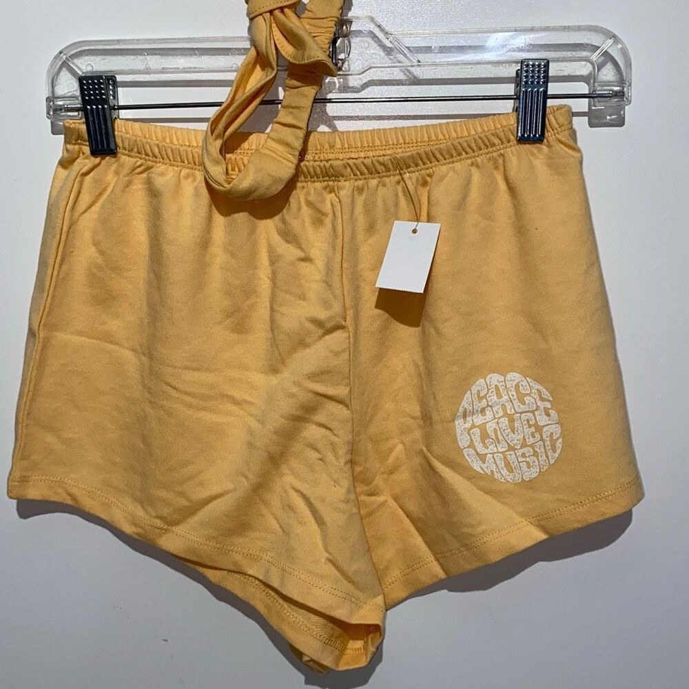 Weekend Soul Women's Mustard Peace Love Music Headband Pajama Shorts Size XS NWT